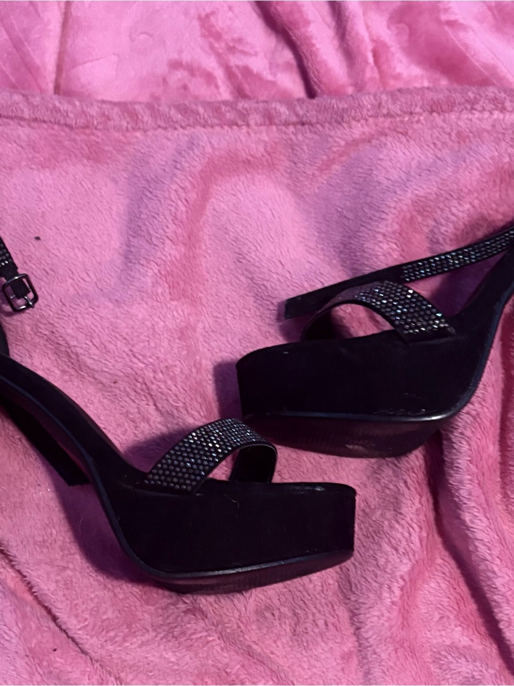 Madden Girl Black Platform Heeled Sandals with Rhinestone Strap